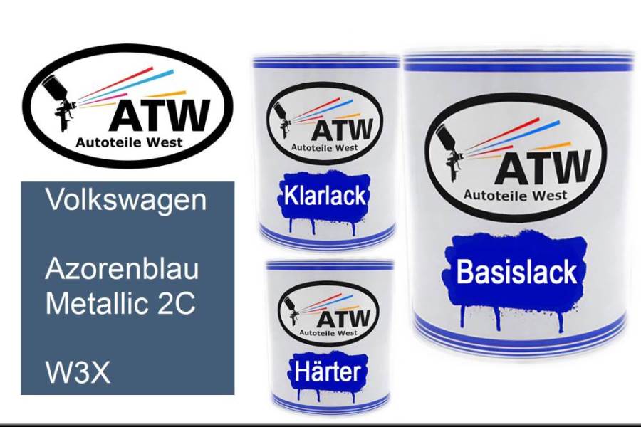 Volkswagen, Azorenblau Metallic 2C, W3X: 1L Lackdose + 1L Klarlack + 500ml Härter - Set, von ATW Autoteile West.